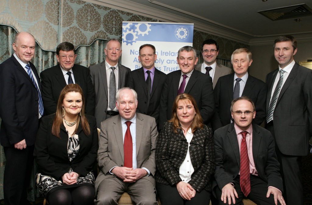 Front L-R.  Bernie McNamee USEL; Joe Byrne MLA; Hilary England, Tyrone Property Co; Barry McElduff MLA  Back row L-R Dr Nicholas O'Shiel, Omagh Enterprise Ltd; Pat Doherty MLA; Arthur Savage, USEL; Christopher Kelly, President Omagh Chamber of Commerce; Tom Buchanan,  MLA; Julian McKeown, Abac All Business Advice Centre; Patrick Bogue, Bogues Jewellers and Dominic McClements, NW of Ireland Printing & Publishing. 