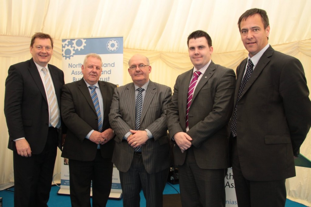 The Northern Ireland Assembly and Business Trust (NIABT) held a briefing at the Balmoral Show on Wednesday 16 May 2012 on the economic outlook for the agri-food sector and the vital supporting role played by the banking sector. Pictured L-R  are Michael Bell, Executive Director NI Food and Drink Association, John Rooney, NIABT Board Member, the Speaker of the Northern Ireland Assembly and President of the NIABT William Hay MLA, Phil Flanagan MLA and NIABT Board member and Cormac McKervey Head of Agriculture at the Ulster Bank.