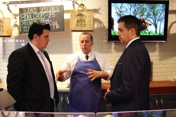 Phil Flanagan MLA and Glyn Roberts visit Corries Farm Butchers