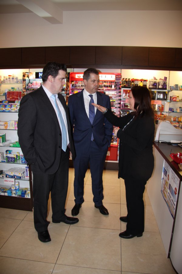 Phil Flanagan MLA and Glyn Roberts visit Sandown Pharmacy